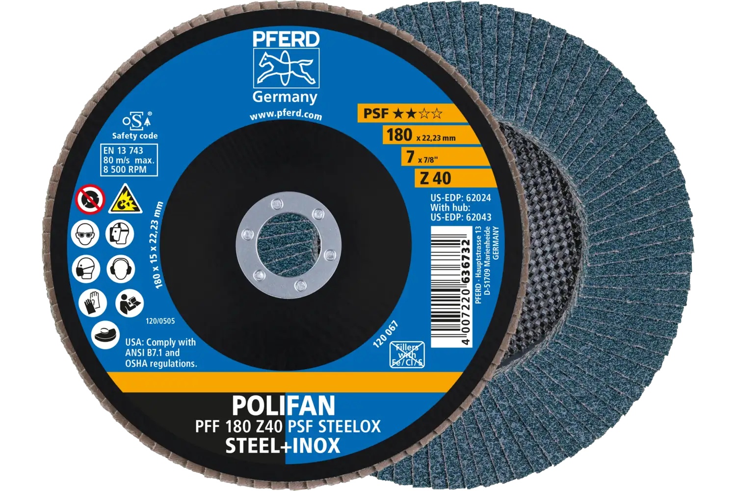 Picture of Pferd Flap Disc, 7" x 7/8, Z PSF Steelox, 40 Grit, T27, Flat, Zirconia